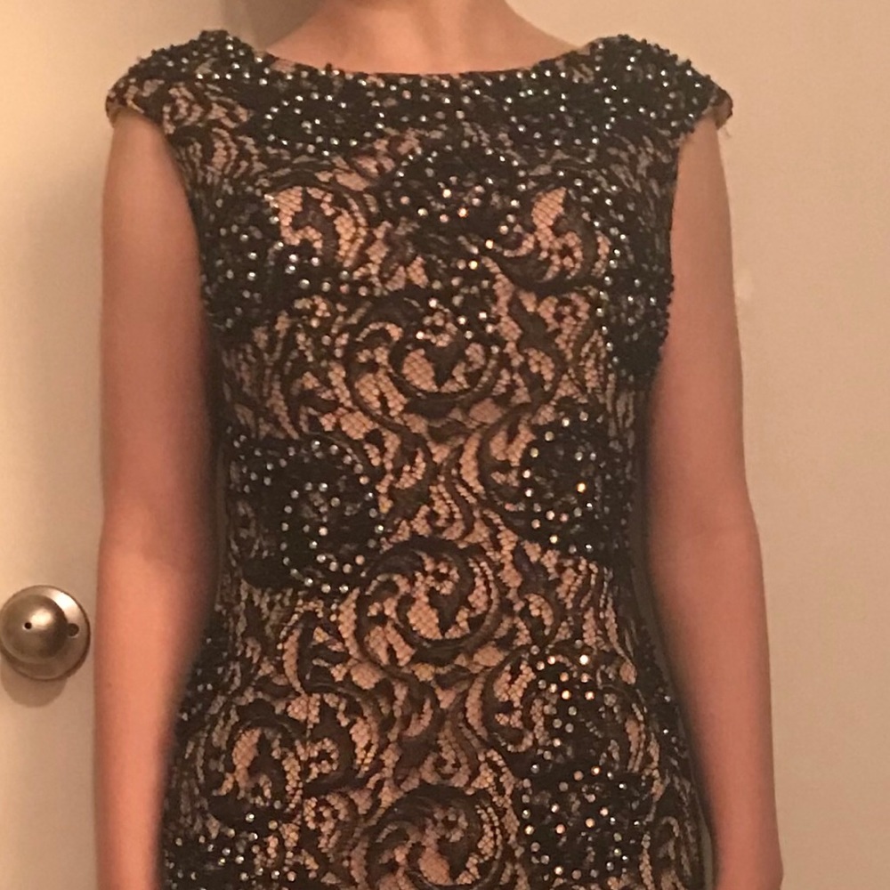 Beaded lace black ball gown prom dress